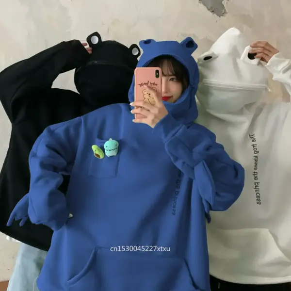 Frog Hoodie Bright Blue, Black, and White frog hoodies with 3D hood ears and kangaroo pocket.
