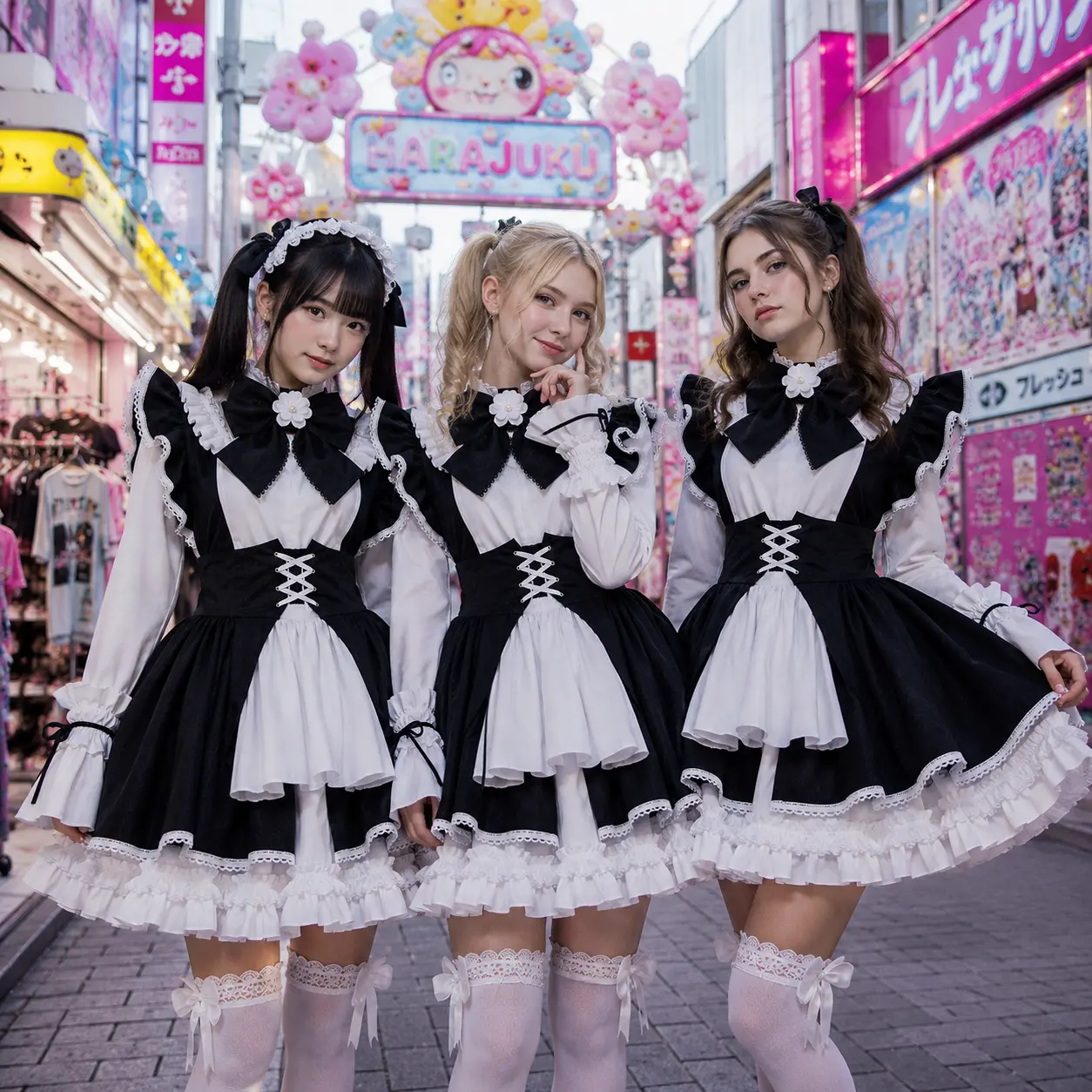 Group of Harajuku fashion models in kawaii maid cosplay outfits