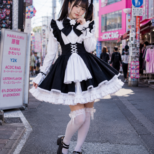 Maid Dress Japanese girl wearing black and white maid cosplay dress with maid headband and lace stockings in Harajuku Tokyo