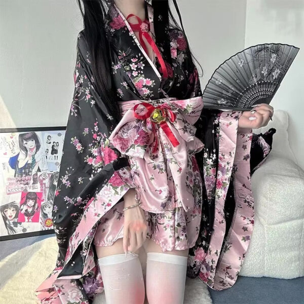 Traditional Japanese Pink & Black Kimono Dress – kawaii aesthetic gift for adults