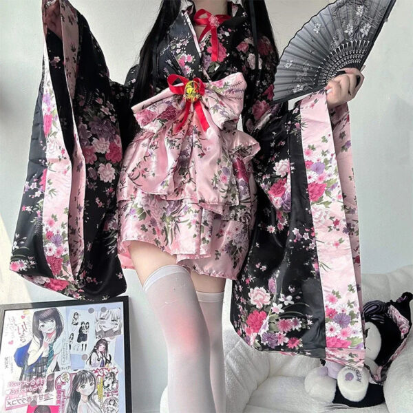 Traditional Japanese Pink & Black Kimono Dress – kawaii gift for best friend