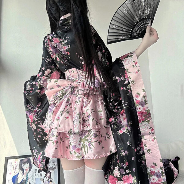 Traditional Japanese Pink & Black Kimono Dress – soft kawaii plushie gift idea