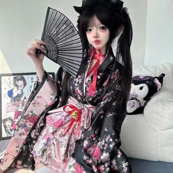 Traditional Japanese Pink & Black Kimono Dress – best kawaii gift for birthday