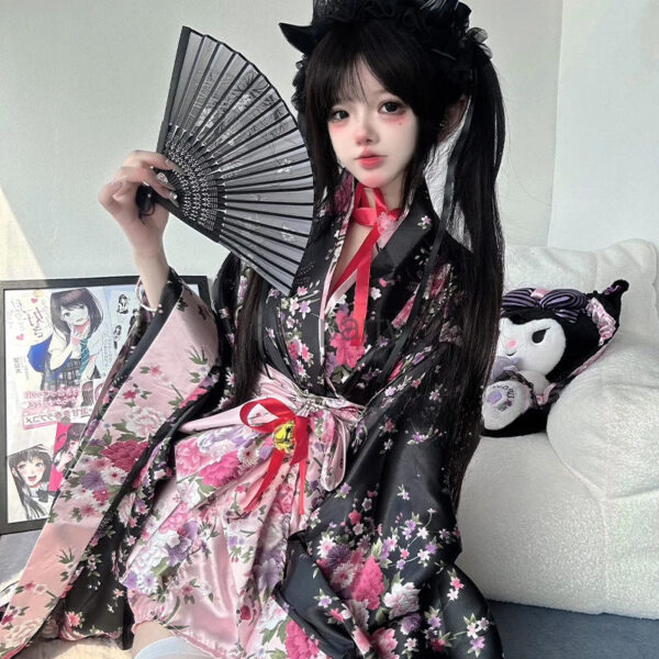 Traditional Japanese Pink & Black Kimono Dress – best kawaii gift for birthday