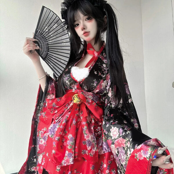 Traditional Japanese Pink & Black Kimono Dress – cute kawaii dress gift for girlfriend