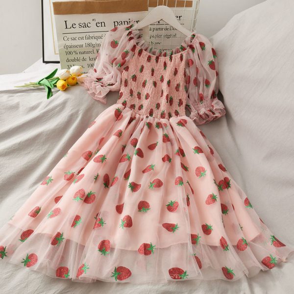 Chiffon Strawberry Puff Sleeve Dress – kawaii gift idea for her