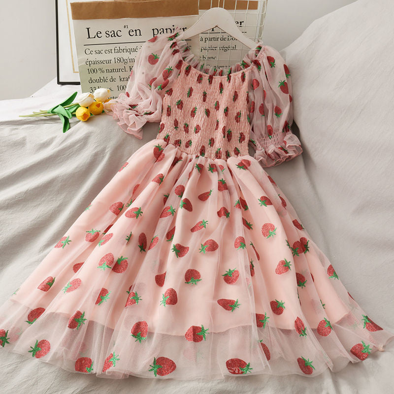 Chiffon Strawberry Puff Sleeve Dress — Kawaii Harajuku Dress | My Heart Teddy