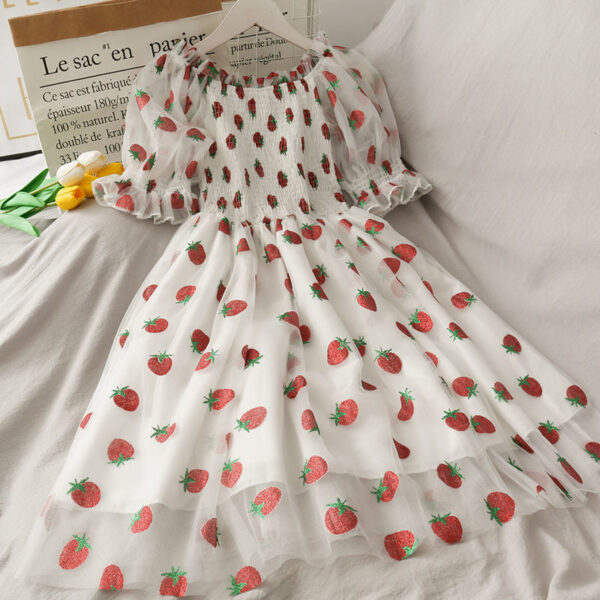 Chiffon Strawberry Puff Sleeve Dress Chiffon Strawberry Puff Sleeve Dress – kawaii aesthetic gift for adults