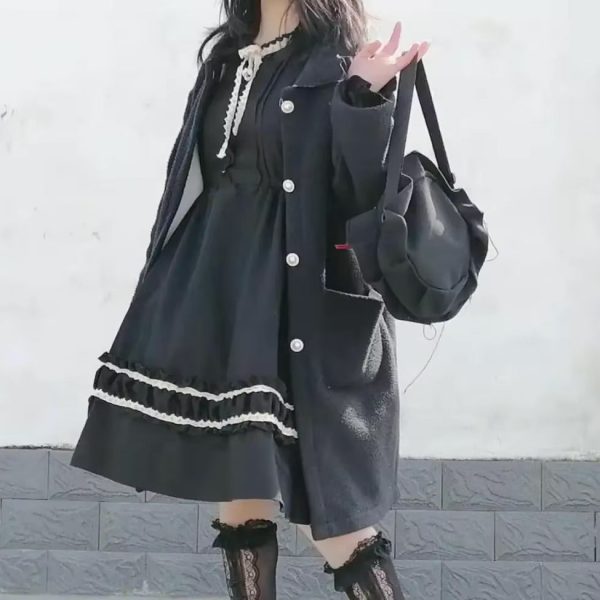 kawaii black dress Lace Kawaii Lolita Mini Dress Set Punk Harajuku Aesthetic Black Goth K –  FashionLoveHunter main image 1