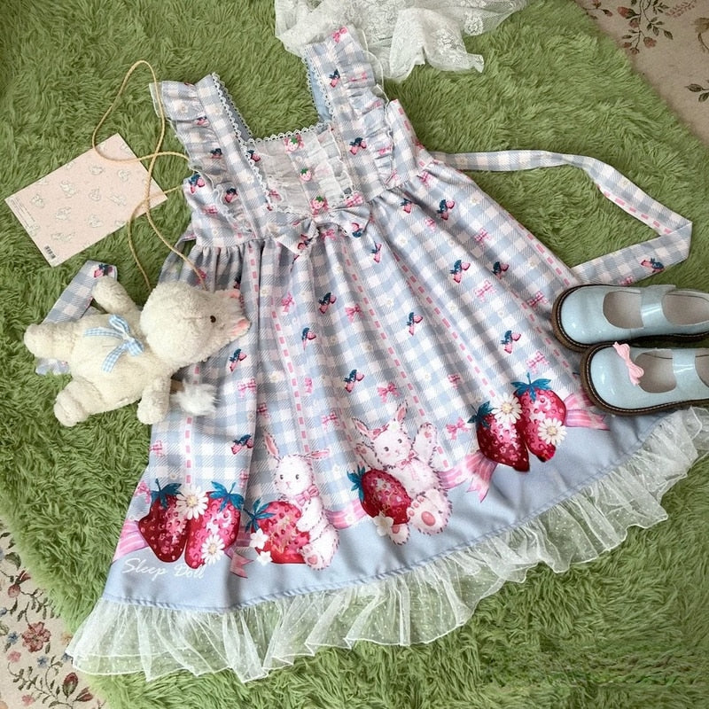 Plaid strawberry bunny princess dress in sweet Lolita style with pastel colours