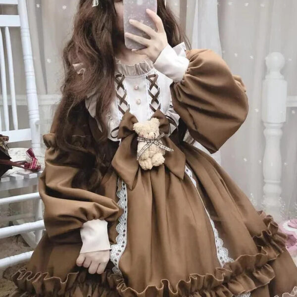 Ruffled Brown Academia Dress – kawaii aesthetic gift for adults