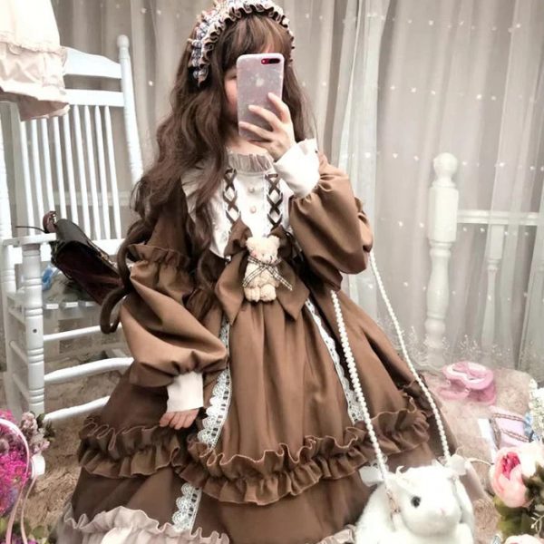 Ruffled Brown Academia Dress – kawaii gift idea for her