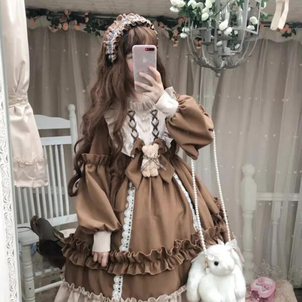 Ruffled Brown Academia Dress – kawaii gift for best friend